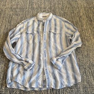 Tommy Bahama Relax Mens Linen Shirt Size L White Blue Stripes Long Sleeve